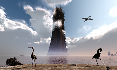 African Spoonbills and tower ruins, 2120 A.D.