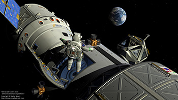 Astronaut hovers over orbital maintenance platform