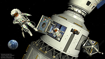 Astronauts emerge from orbital maintenance platform