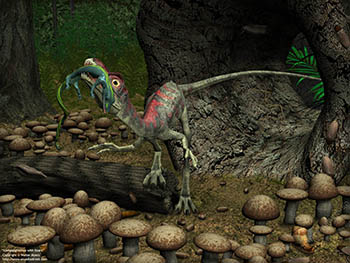 Compsognathus with lizard, 150 million years ago