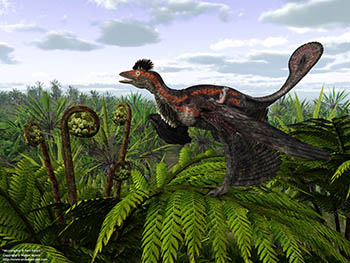 Microraptor and fern forest, 120 million years ago