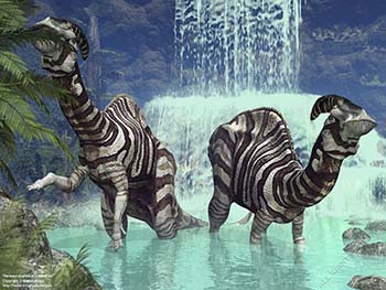 Parasaurolophus and waterfall, 75 million years ago