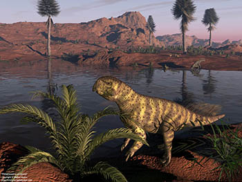 Psittacosaurus and pond, 130 million years ago