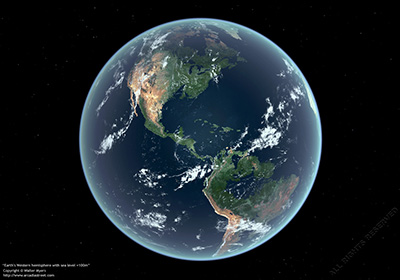Earth's Western hemisphere with sea level +100m, 2200 A.D.?