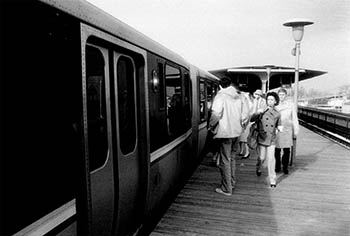 Passengers boarding el   -   Chicago, 1984   -   Kodak infrared black & white 35mm film