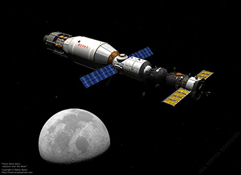 Soyuz deep space explorer over the Moon